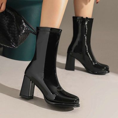Damen Stiefeletten Reibverschluss Pumps Sexy Lackleder Blockabsatz Party Schuhe
