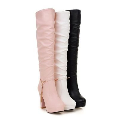Damen Pumps Blockabsatz Plateau Kniehoch Stiefel High Heels Schuhe Sexy Party