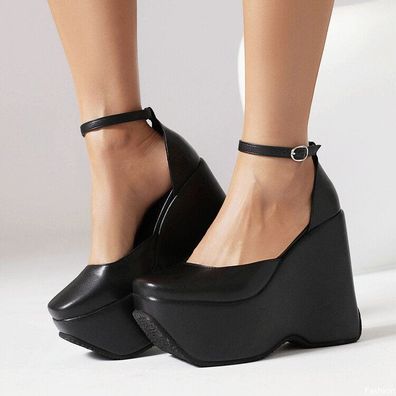 Mary Janes Pumps Damen Knochelriemen Keilabsatz Plateau Riemen Schnalle Schuhe