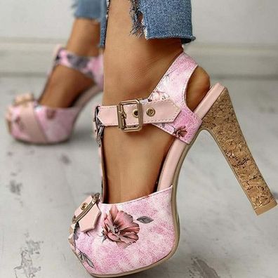 Frauen Sommer Plateau Blockabsatz High Heels Sandalen Blumen Schuhe Party Pumps