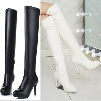 Damen Schenkelhoch Stiefel Spitz Stilettoabsatz Reibverschluss High Heels Schuhe