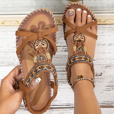 Damen Riemchensandalen Sandalen Zierperlen Sandaletten Sommer-Schuhe Freizeit