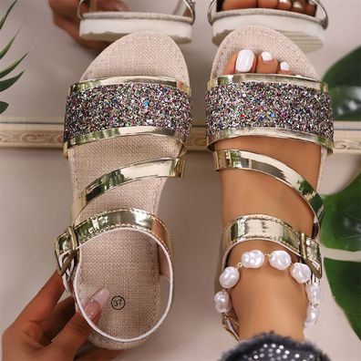 Damen Sandalen Hausschuhe Schuhe Trekkingsandalen Glitzer Freizeitschuhe Slipper
