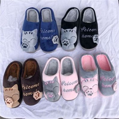 Herren Damen Kinder Pantoffeln Puschen Hausschuhe gefuttert Winter warm Katze