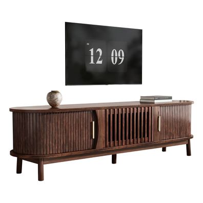 Ovales TV Lowboard 180 cm Wohnzimmerschrank Rattan MDF Rollladentür