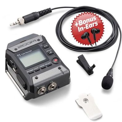 Zoom F1-LP Field Rekorder mit Lavalier Mikrofon + Bonus In-Ear Kopfhörer