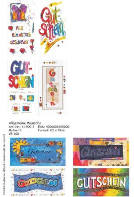 Gutscheinkarten - 100 Stück - 8 Motive