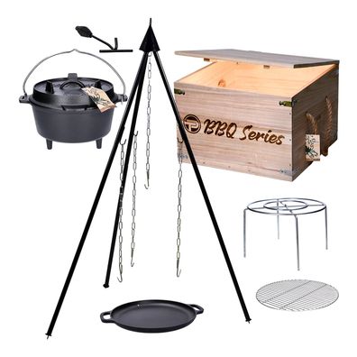 TP Tripod Set in Holzkiste, Dutch Oven, Feuertopf, Potjie Kessel aus Gusseisen mit