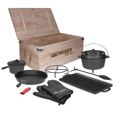 TP Premium BBQ Dutch Oven Set 9-teilig, Pfanne, Grillplatte, Topf aus Gusseisen mit