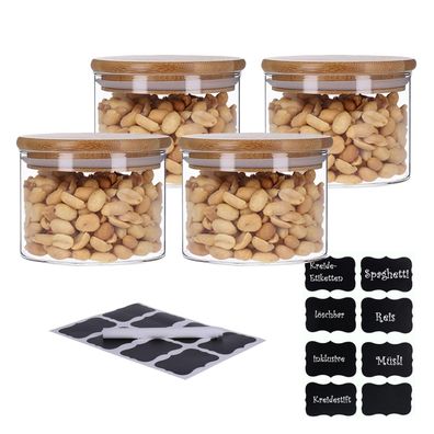 TP Vorratsgläser 4er Set mit Bambus Deckel, luftdichte Behälter inkl. Etiketten, 4 x