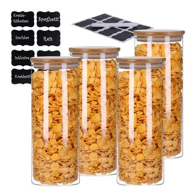 TP Vorratsgläser 4er Set mit Bambus Deckel, luftdichte Behälter inkl. Etiketten, 4 x