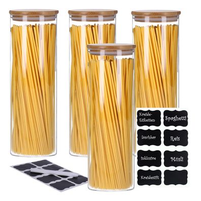 TP Vorratsgläser 4er Set mit Bambus Deckel, luftdichte Behälter inkl. Etiketten, 4 x