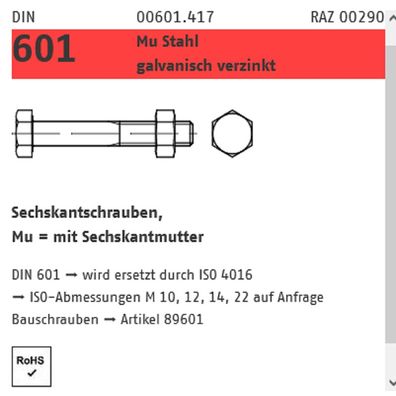 25 Sechskantschrauben mit Mutter Reyher galv vz M12x80mm DIN 601