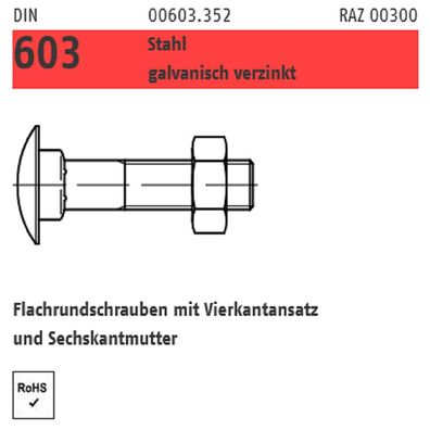 25 Flachrundschrauben mit Mutter Reyher galv vz 10x100mm DIN 603