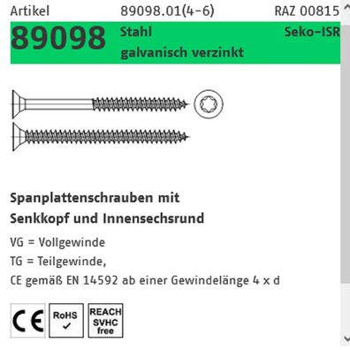 500 Spanplattenschrauben Reyher SeKo galv vz TG 5x80 mm