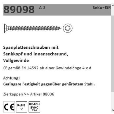 100 Spanplattenschrauben SeKo A2 VG 6,0x50 mm Reyher