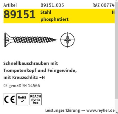 250 ST Reyher Schnellbauschrauben phos FG PH 3,9x35 mm