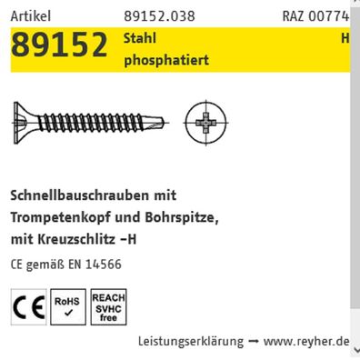 1000 Schnellbauschrauben Reyher 3,5x45 mm Bohrspitze PH