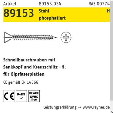 1000 ST Gipsfaserplattenschrauben REYHER PH 3,9x19 mm
