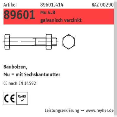 25 St Baubolzen mit Mutter M12x100 mm 4.8 Reyher