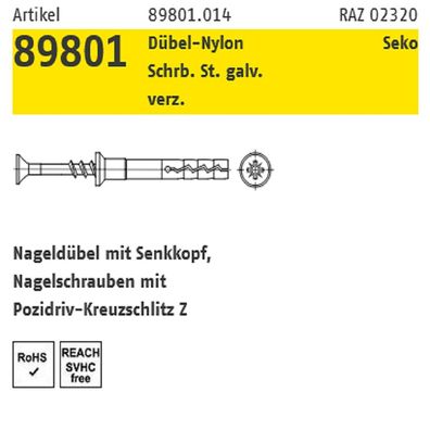 100 ST Nageldübel SeKo Reyher 6x40 mm St Zn Polyamid