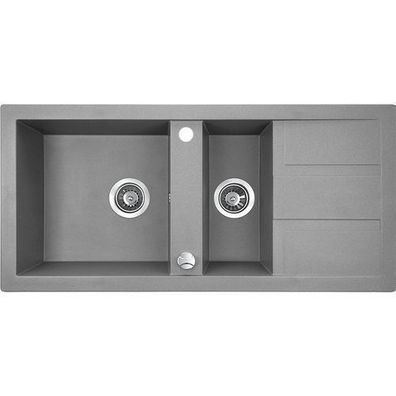 Granitspüle Doppelbecken Barbados 48x100 Grau mit Abtropffläche | Siphon im SET!
