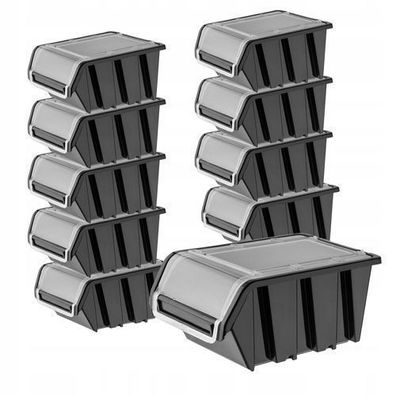 KADAX Stapelkiste mit Deckel, aus PP Kunststoff, Schwarz, 10 Stück, 195 x 120 mm