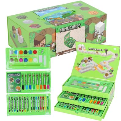 Minecraft Malkoffer für Kinder – Kreativset mit Stiften, Farben und Wasserfarbkasten