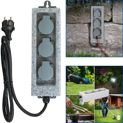 Steckdosenleiste IP44 Outdoor 3-Fach Stein Mehrfachsteckdose Garten Außenbereich
