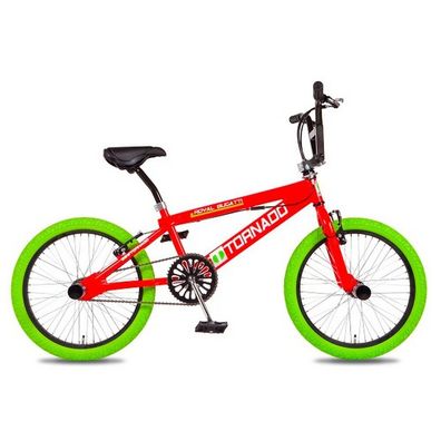 BMX-Rad Royal-Bugatti Tornado Freestyle 20 Zoll - Rot mit grünen Reifen