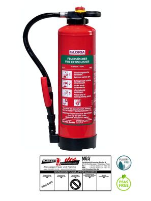 Gloria SB6PRO 6l fluorfreier Schaum Feuerlöscher + Plakette Fluorfrei