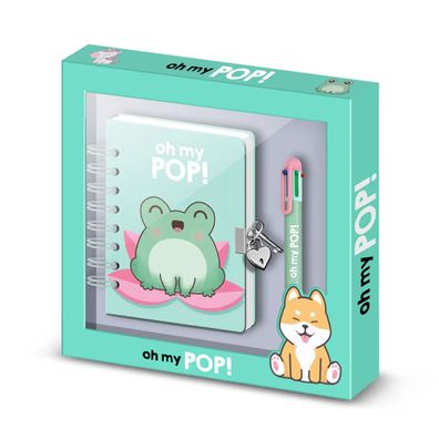 Oh My Pop! Frosch Tagebuch Set A5 mit 6 Farb Kugelschreiber Schloss