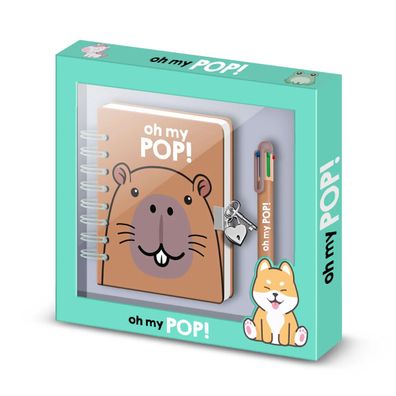Oh My Pop! Capybara Tagebuch Set A5 mit 6 Farb Kugelschreiber Schloss