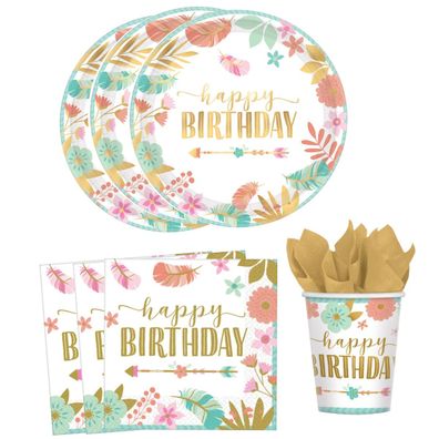 32-tlg. Boho Birthday Girl Party Set 8 Personen Geschirr Deko Geburtstag