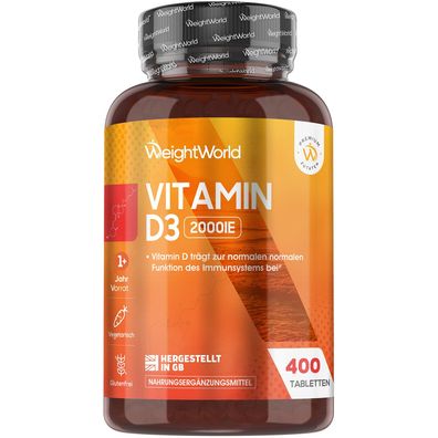 Vitamin D3 2000 I.E. - 400 Tabletten (1 Tablette/ 2 Tage) - Von WeightWorld