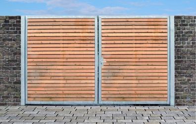 Einfahrtstor Qs Tor Verzinkt mit Pfosten & Holzfüllung 2 flügelig