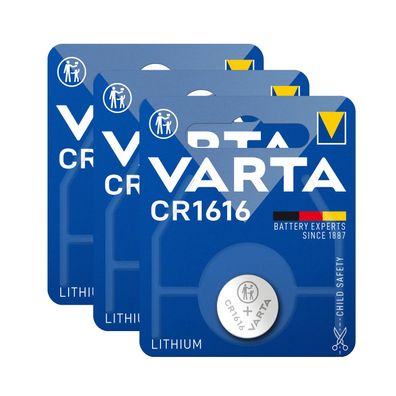 3x Varta Knopfzelle Lithium CR1616 3V Batterie 1er Blister CR 1616