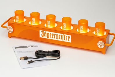 Jägermeister ORANGE LED Shot-Tray – Beleuchtetes Serviertablett mit 6 originale