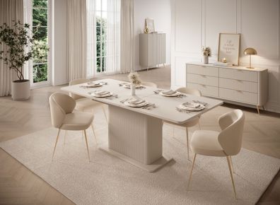 Ausziehbarer Esstisch Lante 160-200 cm – Beige / Kaschmir – Geriffelter Säulenfuß
