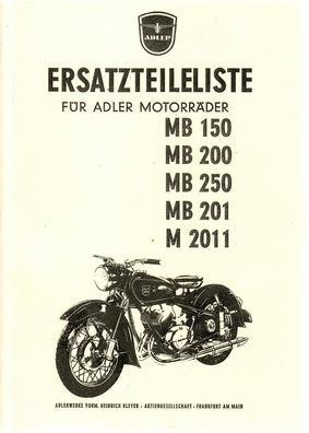 Erstzteilliste für Adler MB 150, MB 200, MB 250, MB 201, M 2011, Motorrad, Oldtimer