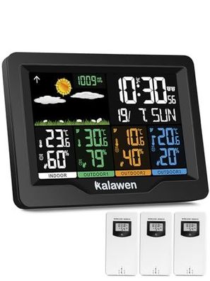 Kalawen Funkwetterstation Farbdisplay mit 3 Außensensoren DCF Uhr