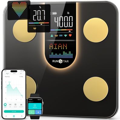 runstar Körperfettwaage digitale Personenwaage 8-in-1 Display App Sync