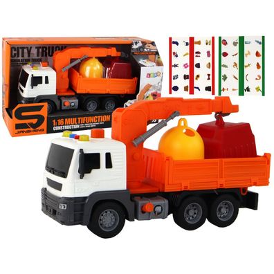 Leantoys Müllwagen mit Kran Friktionsantrieb Orange 1:16