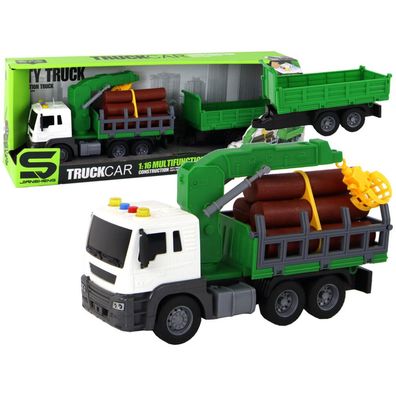 Leantoys LKW mit Kran Friktionsantrieb Geräusche grünes Holz 1:16