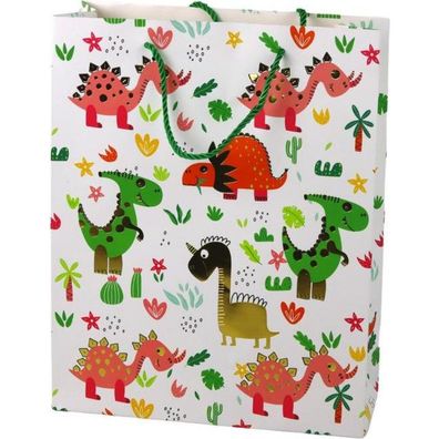 Leantoys Papiergeschenktüte Bunte Dinosaurier Palmen 32 cm x 26 cm x 10 cm