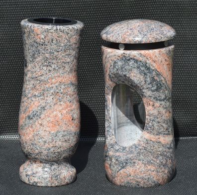 Grablaterne und Vase Grablicht Grableuchte Grabschmuck aus Himalaya Granit