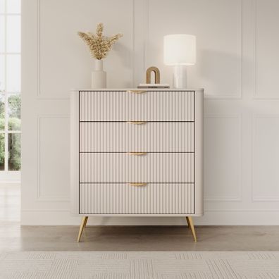 Highboard Kommode Lante 88 cm – 4 Schubladen – Beige / Kaschmir – Geriffelte Fronten