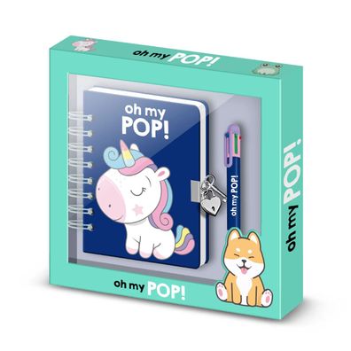 Oh My Pop! Tagebuch Set A5 mit 6 Farb Kugelschreiber Schloss