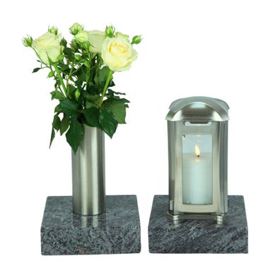 designgrab Rechteckige Grablampe Royal mit Kreuz & Edelstahl-Vase im Set mit 2 Granit