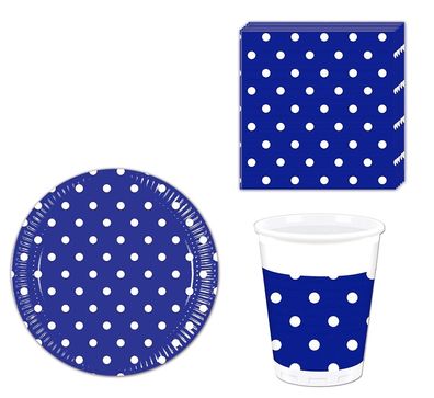 36-tlg. Blue Royal Dots Party Geschirr Pünktchen Punkte 50'er 50's Teller Becher